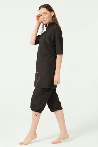 ALFASA - Alfasa Kadın Yarı Kapalı Mayo Fermuarlı Paraşüt Düz Paça Bel Lastikli - Siyah (1)