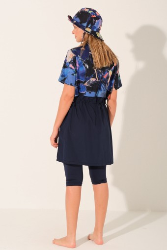 ALFASA - Alfasa Kadın Yarı Kapalı Mayo Şapkalı Croplu Kısa Kollu Desenli Yarım Fermuarlı Spor Likra - Lacivert (1)