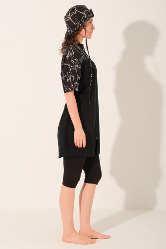 ALFASA - Alfasa Kadın Yarı Kapalı Mayo Şapkalı Kısa Kollu Fermuarlı Desenli Paça Bel Lastikli Spor Likra - Siyah (1)