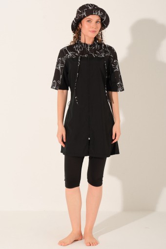 ALFASA - Alfasa Kadın Yarı Kapalı Mayo Şapkalı Kısa Kollu Fermuarlı Desenli Paça Bel Lastikli Spor Likra - Siyah