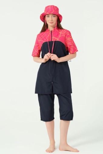 ALFASA - Alfasa Kadın Yarı Kapalı Mayo Şapkalı Fermuarlı Paraşüt Kumaş Desenli Paça Bel Lastikli - Lacivert