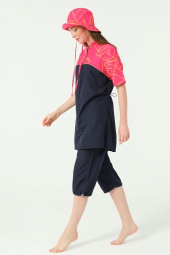 ALFASA - Alfasa Kadın Yarı Kapalı Mayo Şapkalı Fermuarlı Paraşüt Kumaş Desenli Paça Bel Lastikli - Lacivert (1)