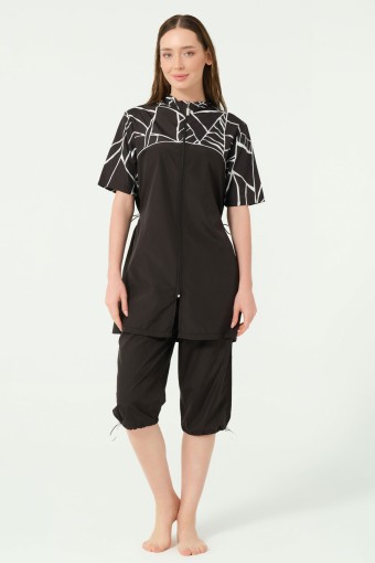 ALFASA - Alfasa Kadın Yarı Kapalı Mayo Şapkalı Fermuarlı Paraşüt Kumaş Desenli Paça Bel Lastikli - Siyah