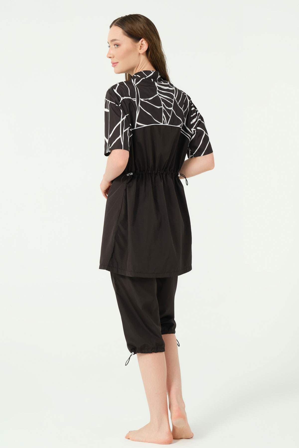 Alfasa Kadın Yarı Kapalı Mayo Şapkalı Fermuarlı Paraşüt Kumaş Desenli Paça Bel Lastikli - Siyah - Thumbnail