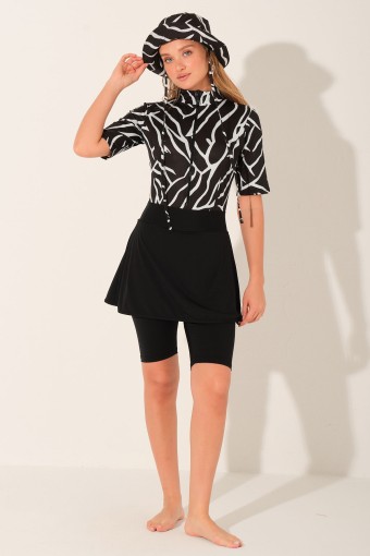 ALFASA - Alfasa Kadın Yarı Kapalı Mayo Şapkalı Kısa Kollu Desenli Yarım Fermuarlı Paraşüt - Siyah