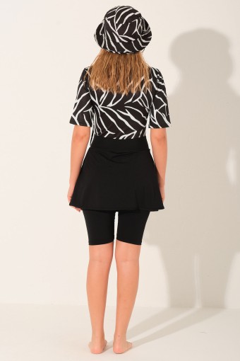 ALFASA - Alfasa Kadın Yarı Kapalı Mayo Şapkalı Kısa Kollu Desenli Yarım Fermuarlı Paraşüt - Siyah (1)