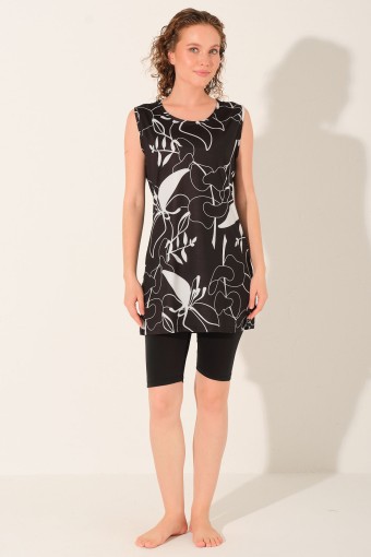 ALFASA - Alfasa Kadın Yarı Kapalı Mayo Sıfır Kollu Likra Kumaş Desenli - Siyah