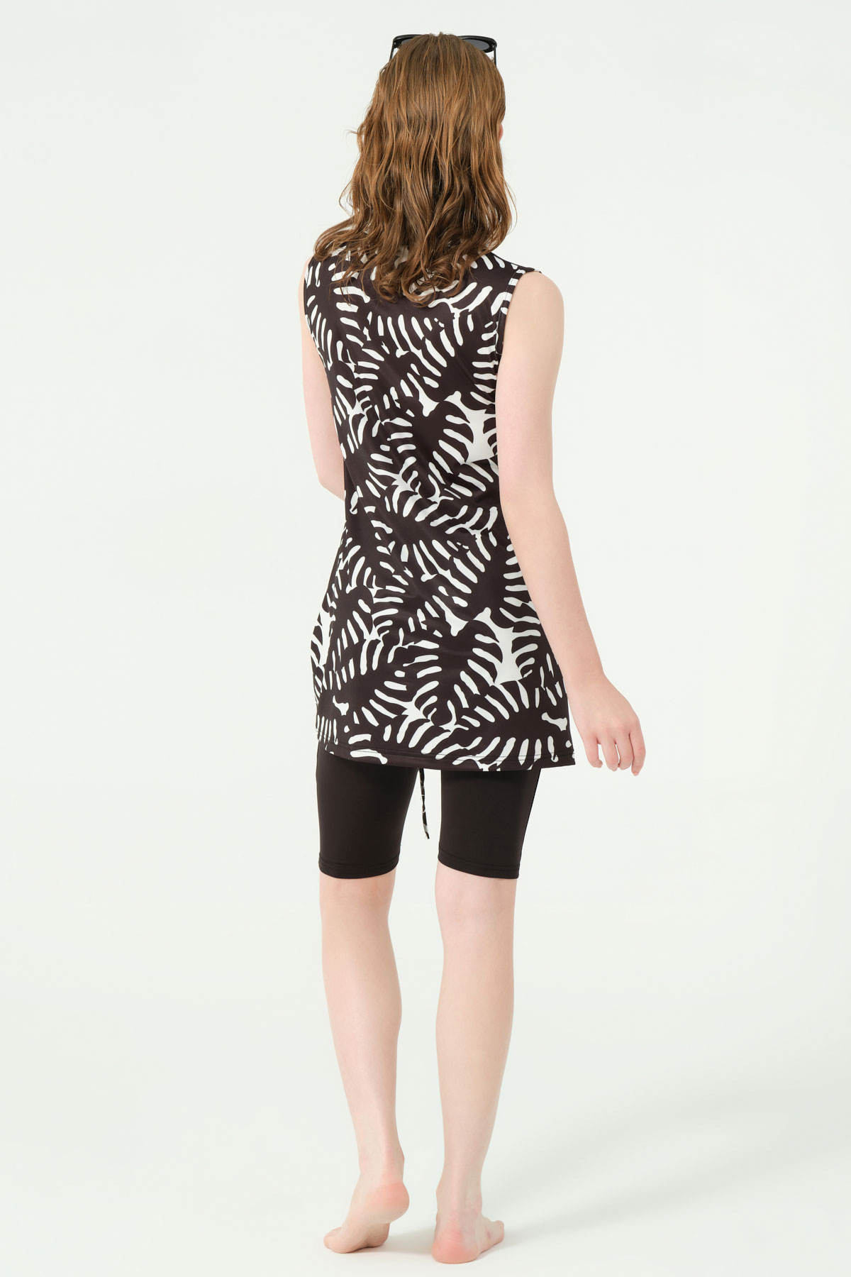 Alfasa Kadın Yarı Kapalı Mayo Sıfır Kollu Önü Toplamalı Likralı Desenli - Siyah - Thumbnail