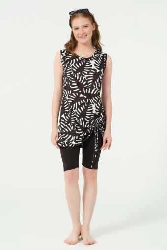 ALFASA - Alfasa Kadın Yarı Kapalı Mayo Sıfır Kollu Önü Toplamalı Likralı Desenli - Siyah