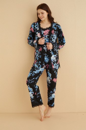 ARCAN - Arcan Kadın 3'lü Pijama Takım İp Askılı Güpür Detaylı Pegasus - Mavi