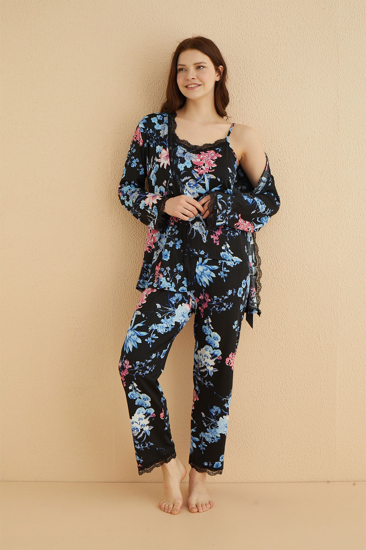 Arcan Kadın 3'lü Pijama Takım İp Askılı Güpür Detaylı Pegasus - Mavi - Thumbnail