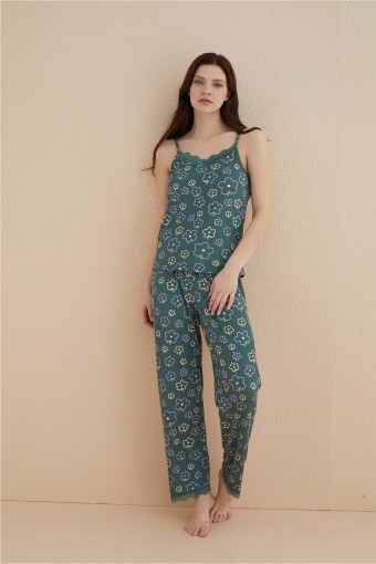 ARCAN - Arcan Kadın Pijama Takımı İp Askılı Altı Uzun Yakası Ve Paçası Dantelli Mini Papatya Desenli Pegasus - Yeşil