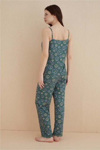 ARCAN - Arcan Kadın Pijama Takımı İp Askılı Altı Uzun Yakası Ve Paçası Dantelli Mini Papatya Desenli Pegasus - Yeşil (1)