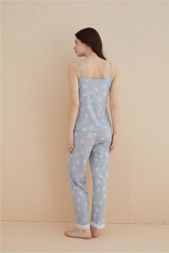 ARCAN - Arcan Kadın Pijama Takımı İp Askılı Altı Uzun Yakası Ve Paçası Dantelli Papatya Desenli Pegasus - Gri (1)