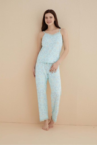 ARCAN - Arcan Kadın Pijama Takımı İp Askılı Altı Uzun Yakası Ve Paçası Dantelli Papatya Desenli Pegasus - Mint