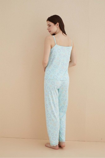 ARCAN - Arcan Kadın Pijama Takımı İp Askılı Altı Uzun Yakası Ve Paçası Dantelli Papatya Desenli Pegasus - Mint (1)