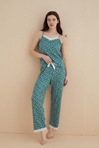 ARCAN - Arcan Kadın Pijama Takımı İp Askılı Altı Uzun Yakası Ve Paçası Dantelli Papatya Desenli Pegasus - Yeşil