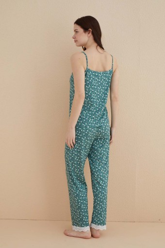 ARCAN - Arcan Kadın Pijama Takımı İp Askılı Altı Uzun Yakası Ve Paçası Dantelli Papatya Desenli Pegasus - Yeşil (1)