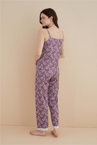 ARCAN - Arcan Kadın Pijama Takımı İp Askılı Altı Uzun Yakası Ve Paçası Dantelli Yaprak Desenli Pegasus - Lila (1)
