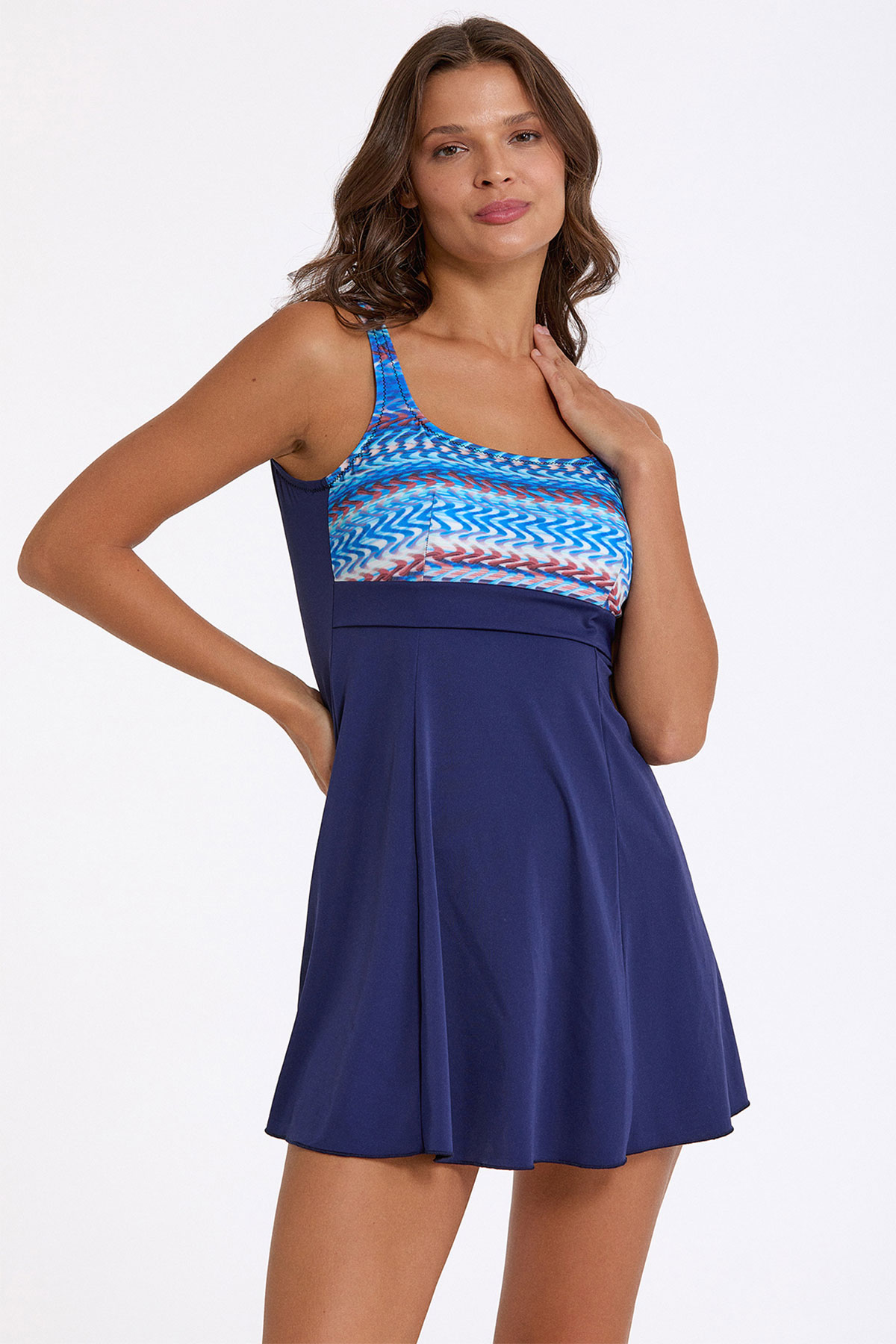 Argento Kadın Elbise Mayo Kalın Askılı Büyük Beden - Ebruli/Mavi - Thumbnail