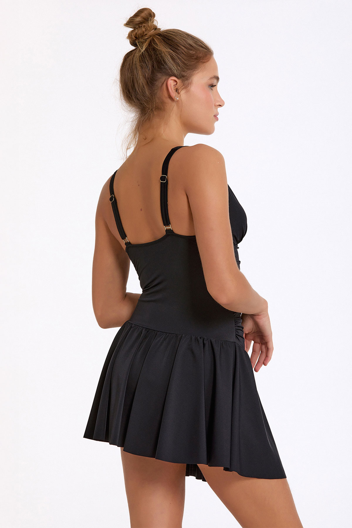 Argento Kadın Elbise Mayo Kalın Askılı Büzgülü Nadide - Siyah - Thumbnail