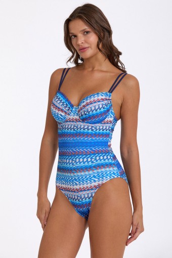 ARGENTO - Argento Kadın Mayo Çift İp Askılı Kanal Büzgülü Desenli - Ebruli/Mavi