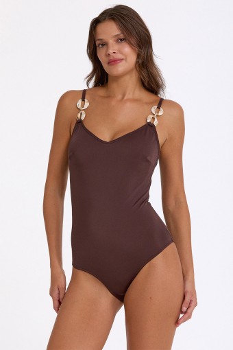 ARGENTO - Argento Kadın Mayo İp Askılı Aksesuarlı V Yaka - Kahverengi