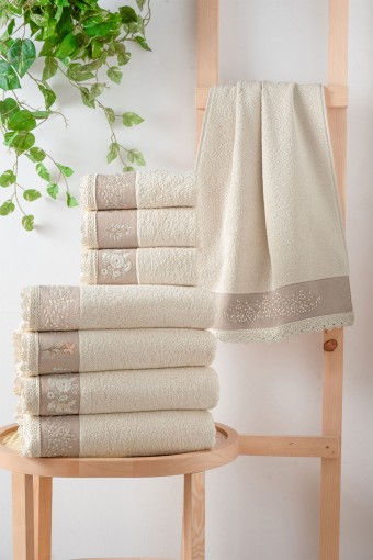 ARLİVA - Arliva El-Yüz Havlusu 50x90 Natural Bukle Nakışlı Dantelli