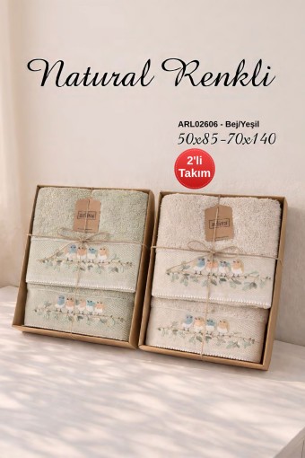 ARLİVA - Arliva Havlu Set 50x85 70x140 2'li Bukle Nakışlı Natural Kuş Desenli