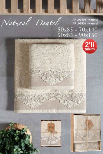 ARLİVA - Arliva Havlu Set 50x85 90x150 2'li Bukle Nakışlı Dantelli Natural