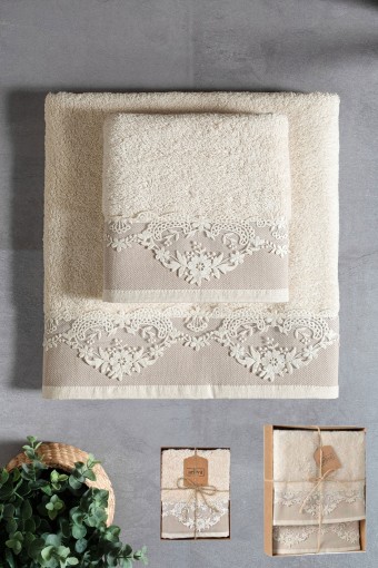 ARLİVA - Arliva Havlu Set 50x85 90x150 2'li Bukle Nakışlı Dantelli Natural