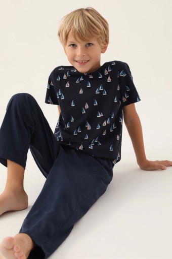 ARNETTA - Arnetta Erkek Çocuk Pijama Takım Kısa Kollu Bisiklet Yaka Süprem - Lacivert (1)