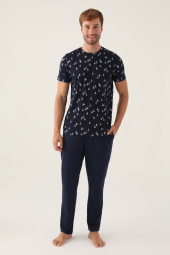 ARNETTA - Arnetta Erkek Pijama Takım Kısa Kollu Bisiklet Yaka Süprem - Lacivert
