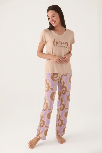 ARNETTA - Arnetta Kadın Pijama Takımı Kısa Kollu V Yaka Süprem - Açık Kahve (1)