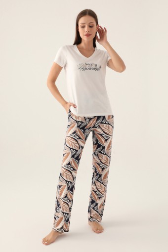 ARNETTA - Arnetta Kadın Pijama Takımı Kısa Kollu V Yaka Süprem - Krem