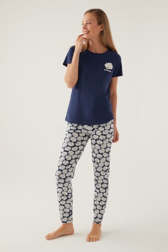 ARNETTA - Arnetta Kadın Pijama Takımı Kısa Kollu Yaka 3 Düğmeli Süprem - Koyu İndigo (1)