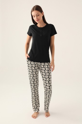 ARNETTA - Arnetta Kadın Pijama Takımı Kısa Kollu Yaka 3 Düğmeli Süprem - Siyah