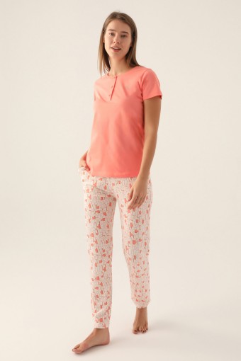 ARNETTA - Arnetta Kadın Pijama Takımı Kısa Kollu Yaka 3 Düğmeli Süprem - Somon