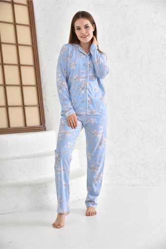 ARNETTA - Arnetta Kadın Pijama Takımı Uzun Kollu Çiçek Desenli Süprem - Mavi
