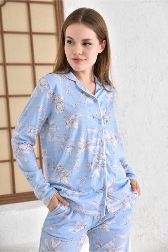 ARNETTA - Arnetta Kadın Pijama Takımı Uzun Kollu Çiçek Desenli Süprem - Mavi (1)