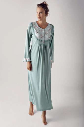 ARTIŞ - Artış Kadın Uzun Kollu Bisiklet Yaka Ön Düğmeli Çiçek Detaylı Uzun Gecelik (1)