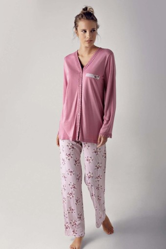ARTIŞ - Artış Kadın Uzun Kollu V Yaka İşlemeli Çiçek Desenli Pijama Takımı