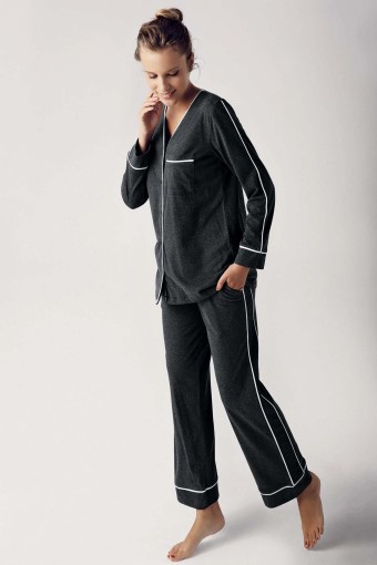 ARTİS - Artış Kadın Uzun Kollu V Yaka Ön Düğmeli Melanj Pijama Takımı