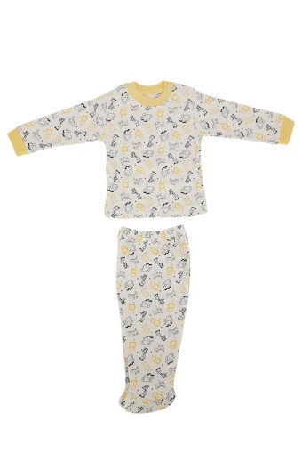 AYCA - Ayca Unisex Bebek Pijama Takımı Uzun Kol Penye Zürafa-Fil Baskılı - Sarı