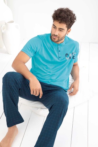AYDOĞAN - Aydoğan Erkek Pijama Takımı Süprem Deniz Mavisi Üç Düğmeli