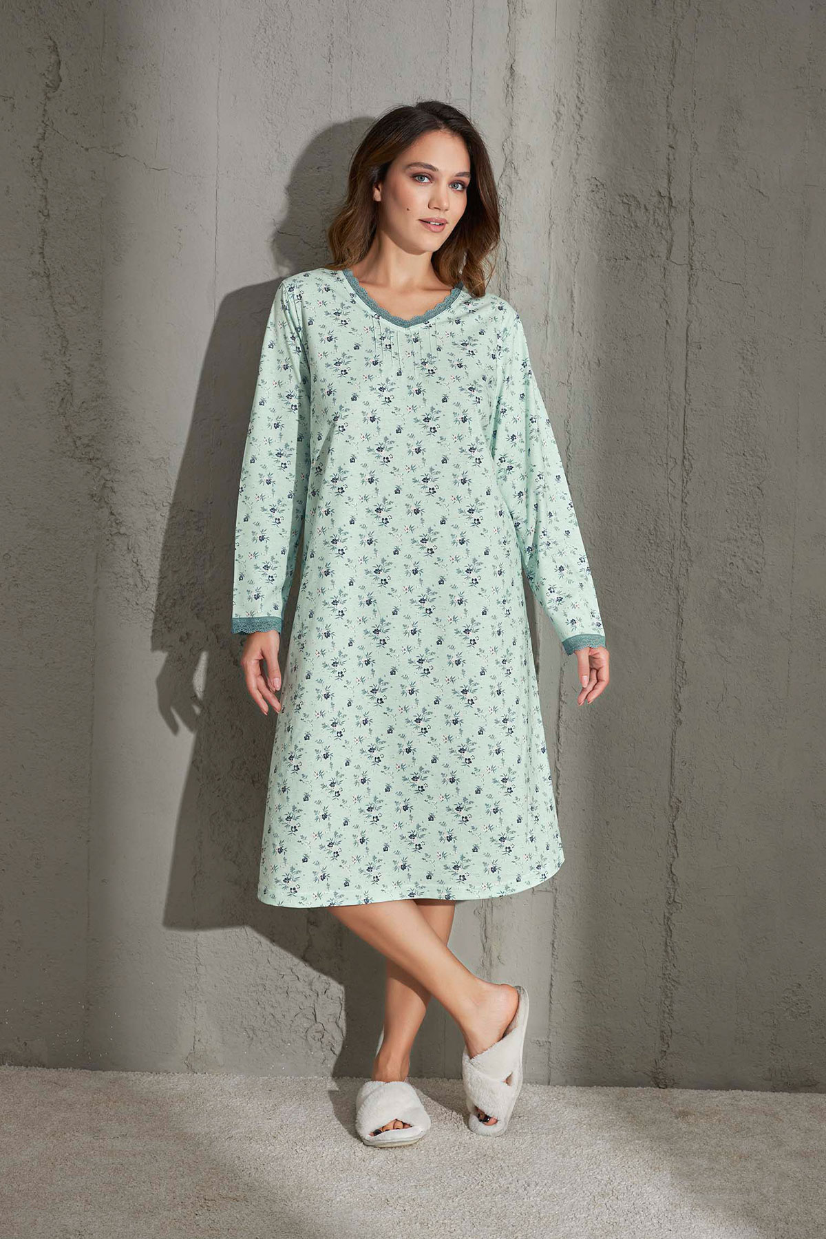 Aydoğan Kadın Gecelik Pamuklu Nevrürlü Bisiklet Yaka Uzun Kollu - Mint Yeşili - Thumbnail