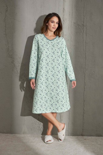 AYDOĞAN - Aydoğan Kadın Gecelik Pamuklu Nevrürlü Bisiklet Yaka Uzun Kollu - Mint Yeşili (1)