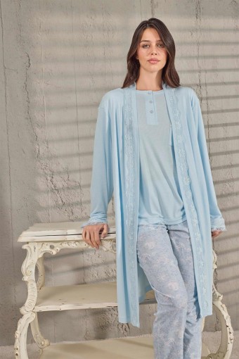 AYDOĞAN - Aydoğan Kadın Melisa Patlı Poliviskon Sabahlıklı Pijama Takımı - Buz Mavisi