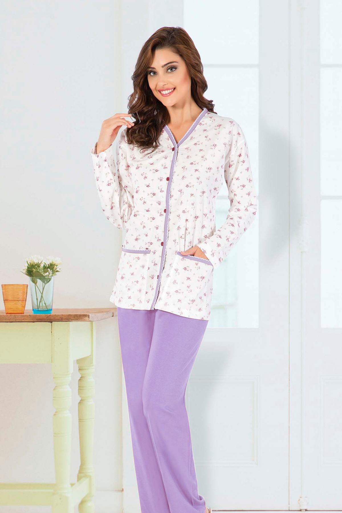 Aydoğan Kadın Pijama Takımı Gömlek Yaka Uzun Kol Büyük Beden Pamuklu - Lila - Thumbnail