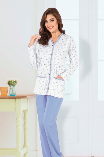 AYDOĞAN - Aydoğan Kadın Pijama Takımı Gömlek Yaka Uzun Kol Büyük Beden Pamuklu - Mavi